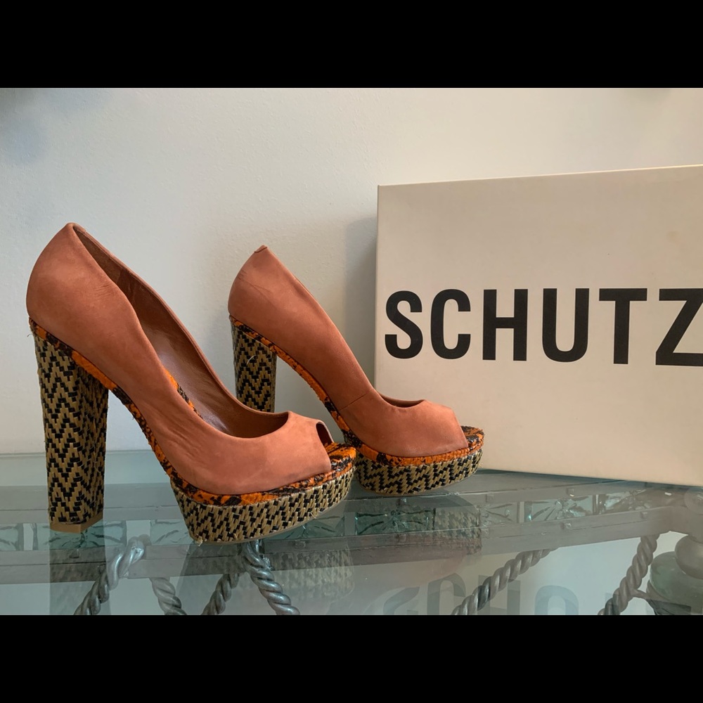 Schutz Wicker Nobuck Block Heel Platforms